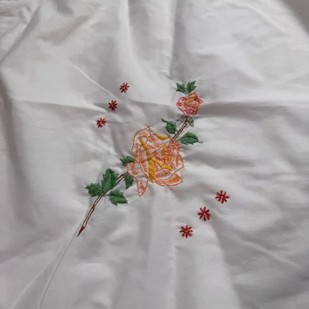 Vintage Hand Embroidered Floral Tablecloth Orange Fringe